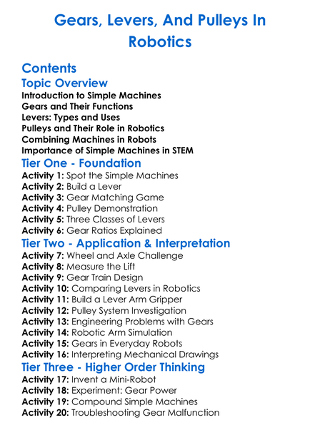 Gears Levers And Pulleys In Robotics Worksheet Activity Booklet