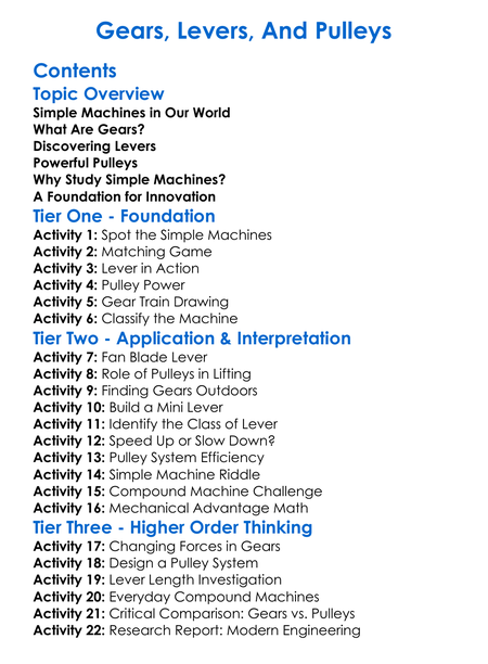 Gears Levers And Pulleys Worksheet Activity Booklet