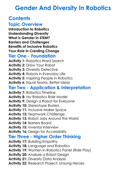 Gender And Diversity In Robotics Worksheet Activity Booklet