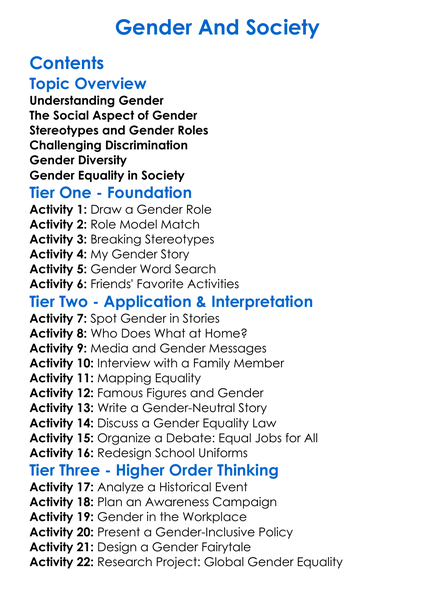 Gender And Society Worksheet Activity Booklet