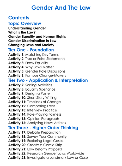 Gender And The Law Worksheet Activity Booklet