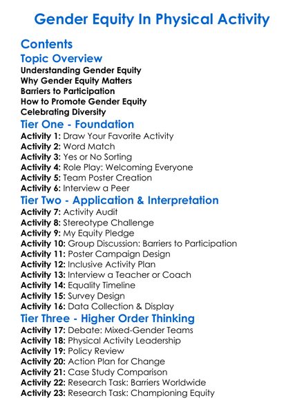 Gender Equity In Physical Activity Worksheet Activity Booklet