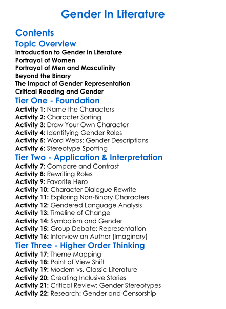 Gender In Literature Worksheet Activity Booklet