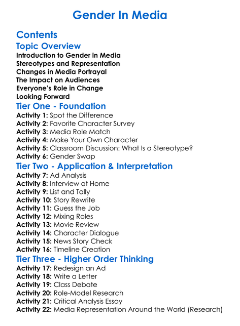 Gender In Media Worksheet Activity Booklet