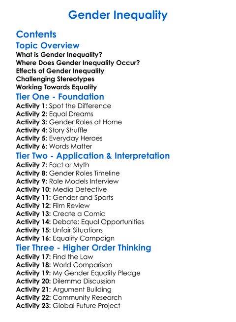 Gender Inequality Worksheet Activity Booklet