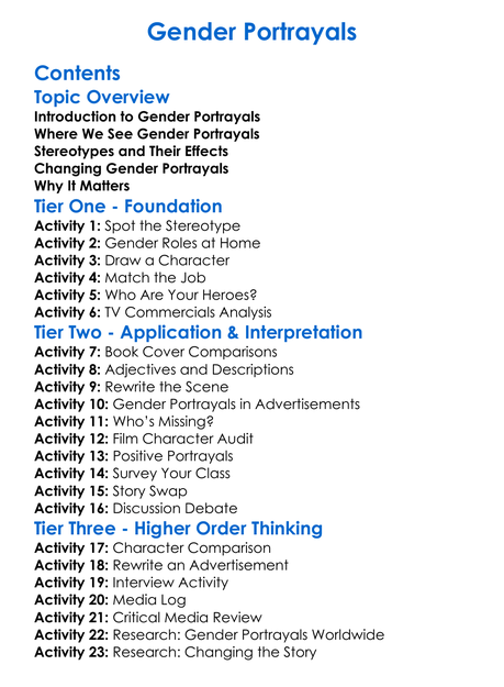 Gender Portrayals Worksheet Activity Booklet