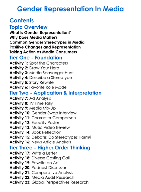 Gender Representation In Media Worksheet Activity Booklet