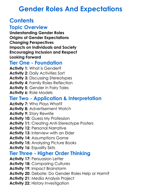 Gender Roles And Expectations Worksheet Activity Booklet