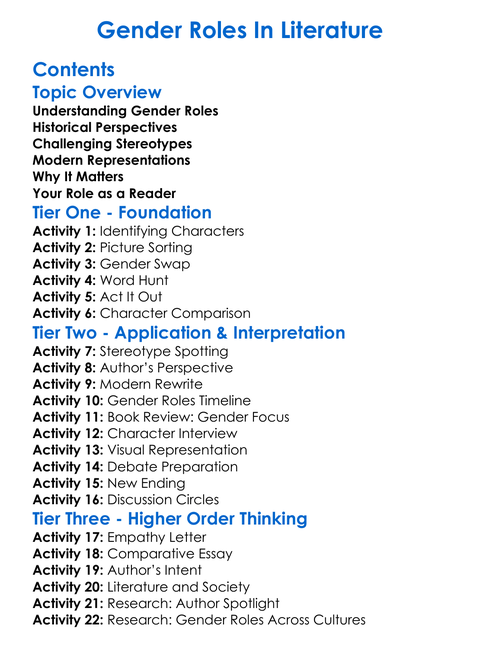 Gender Roles In Literature Worksheet Activity Booklet