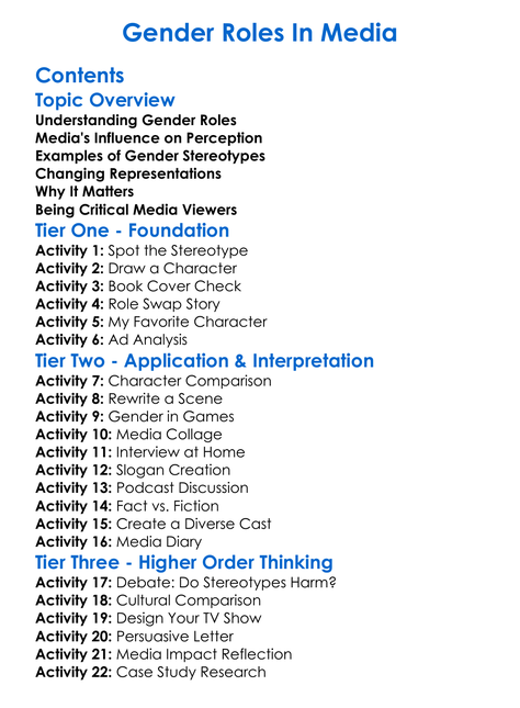 Gender Roles In Media Worksheet Activity Booklet