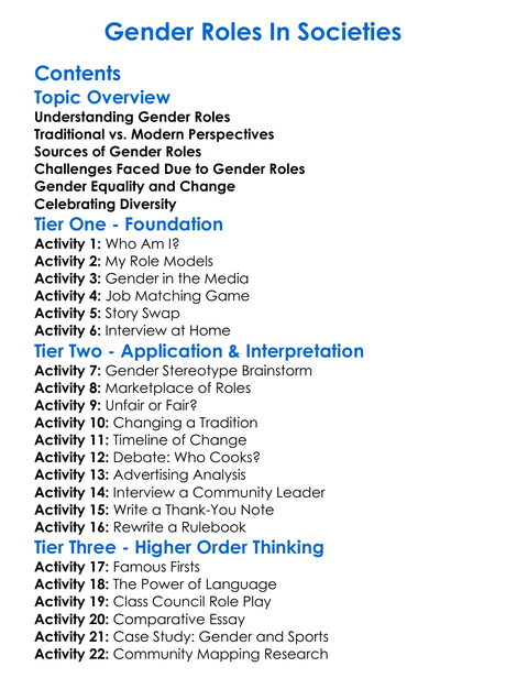 Gender Roles In Societies Worksheet Activity Booklet
