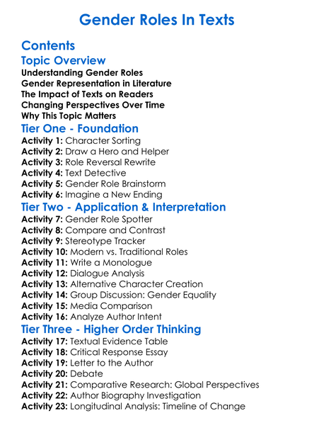 Gender Roles In Texts Worksheet Activity Booklet