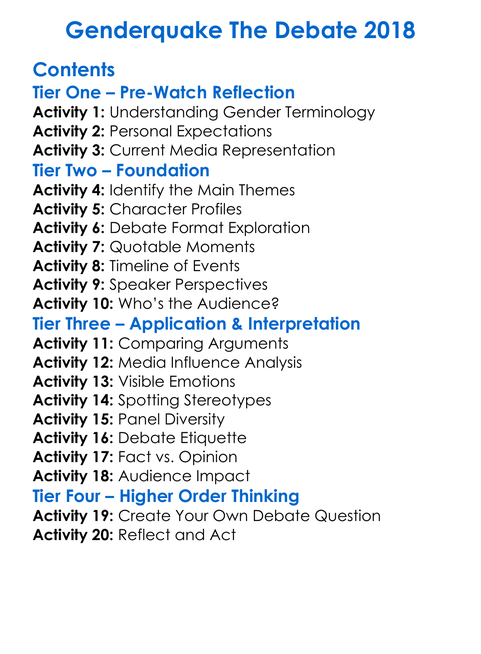 Genderquake The Debate 2018 Worksheet Activity Booklet