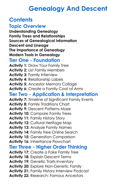 Genealogy And Descent Worksheet Activity Booklet