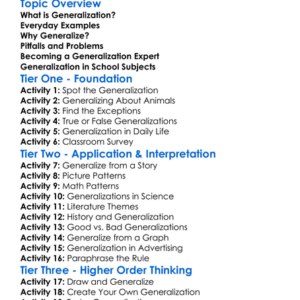 Generalization Worksheet Activity Booklet