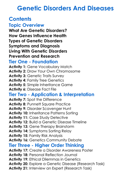 Genetic Disorders And Diseases Worksheet Activity Booklet