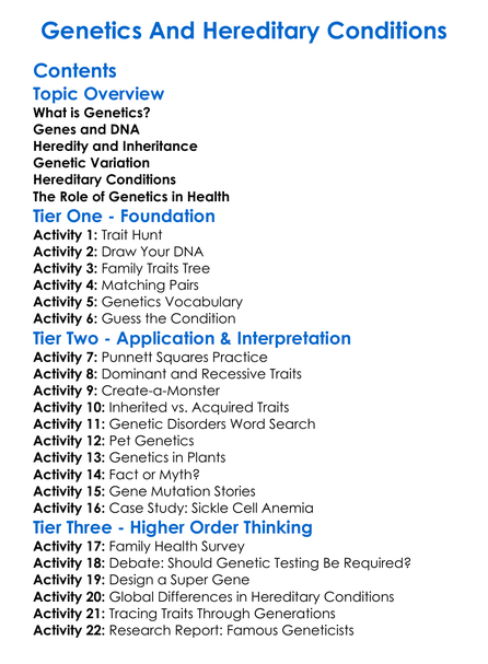 Genetics And Hereditary Conditions Worksheet Activity Booklet