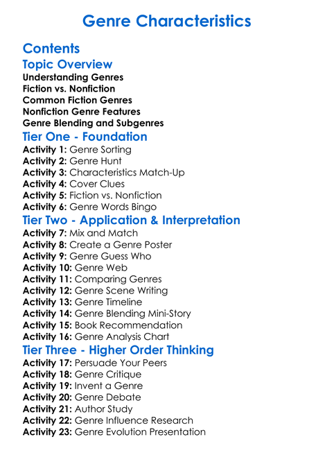 Genre Characteristics Worksheet Activity Booklet