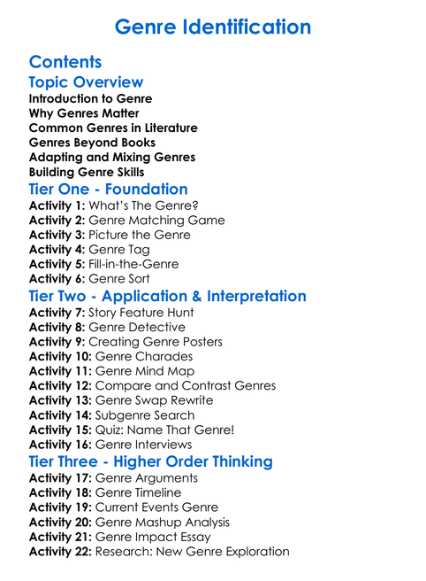 Genre Identification Worksheet Activity Booklet