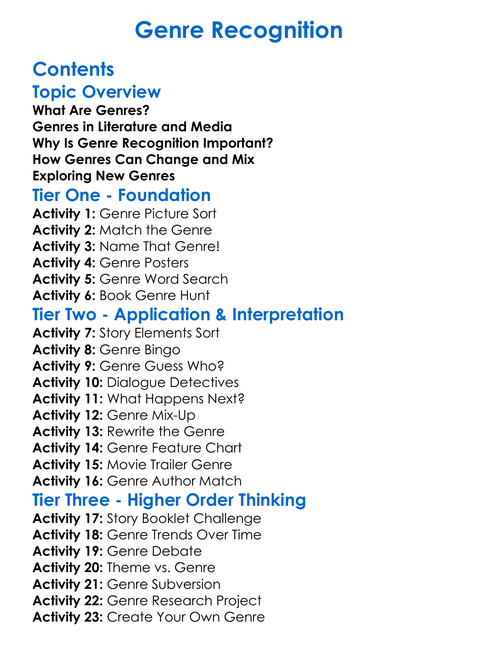 Genre Recognition Worksheet Activity Booklet