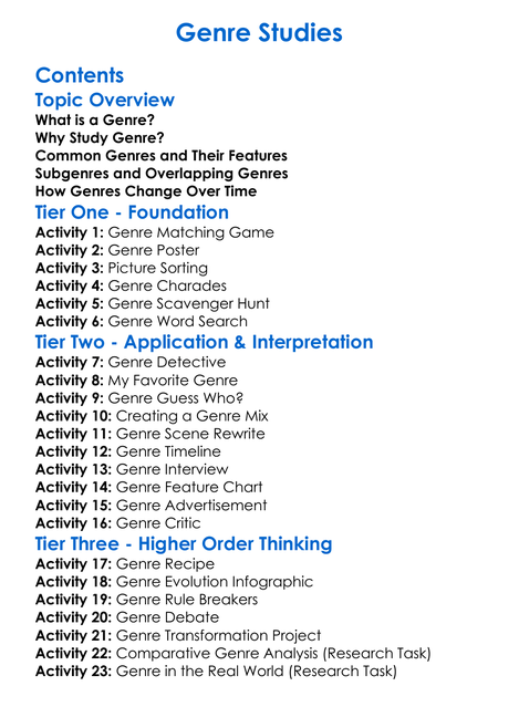 Genre Studies Worksheet Activity Booklet