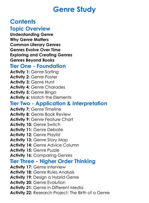 Genre Study Worksheet Activity Booklet