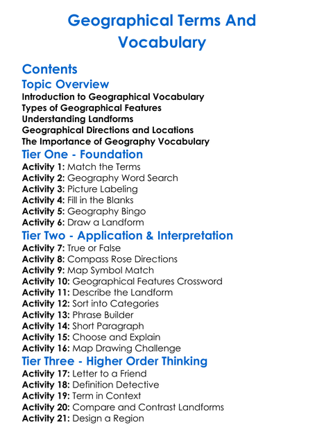Geographical Terms And Vocabulary Worksheet Activity Booklet