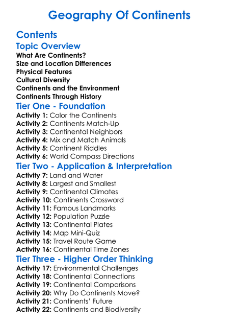 Geography Of Continents Worksheet Activity Booklet