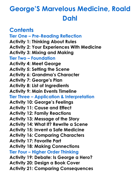 Georges Marvelous Medicine Roald Dahl Worksheet Activity Booklet