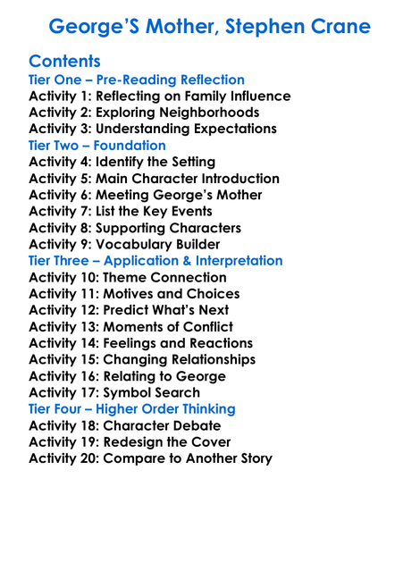 Georges Mother Stephen Crane Worksheet Activity Booklet