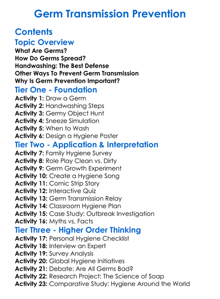 Germ Transmission Prevention Worksheet Activity Booklet