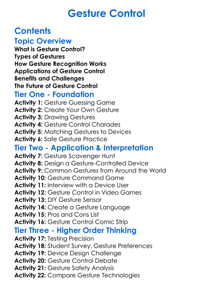 Gesture Control Worksheet Activity Booklet