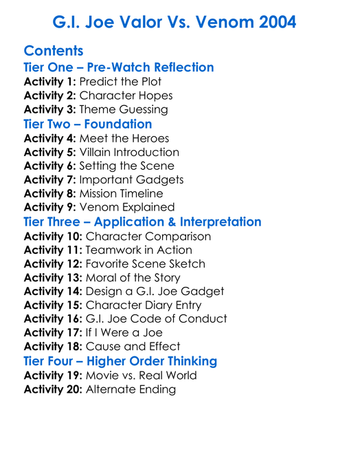 Gi Joe Valor Vs Venom 2004 Worksheet Activity Booklet