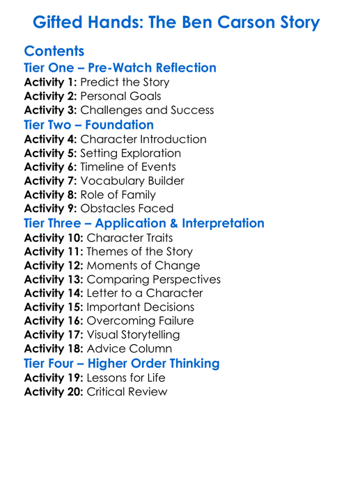 Gifted Hands The Ben Carson Story Worksheet Activity Booklet