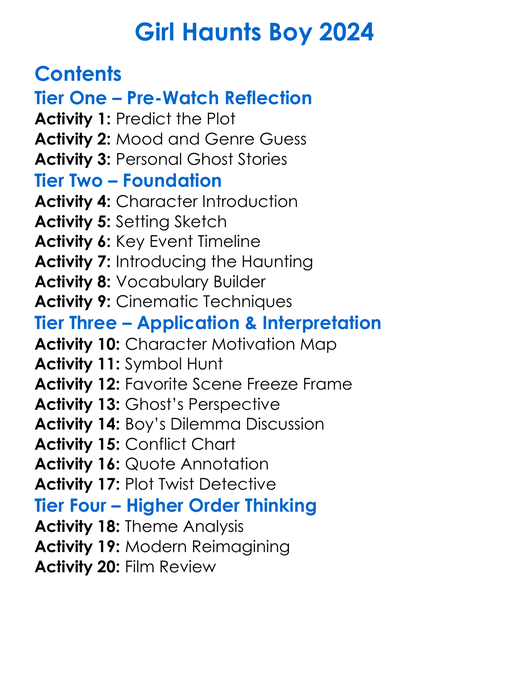 Girl Haunts Boy 2024 Worksheet Activity Booklet