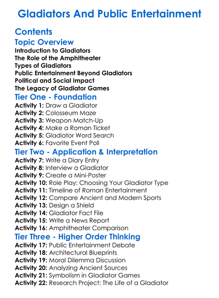 Gladiators And Public Entertainment Worksheet Activity Booklet