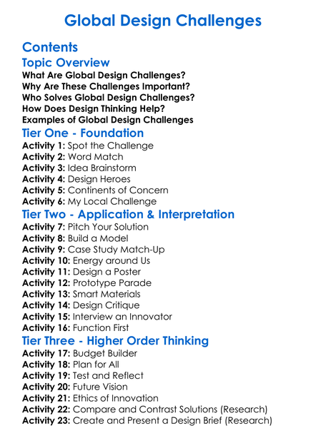 Global Design Challenges Worksheet Activity Booklet