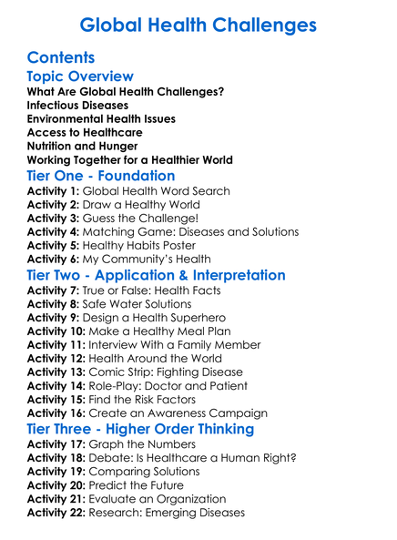 Global Health Challenges Worksheet Activity Booklet