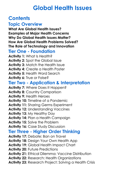 Global Health Issues Worksheet Activity Booklet