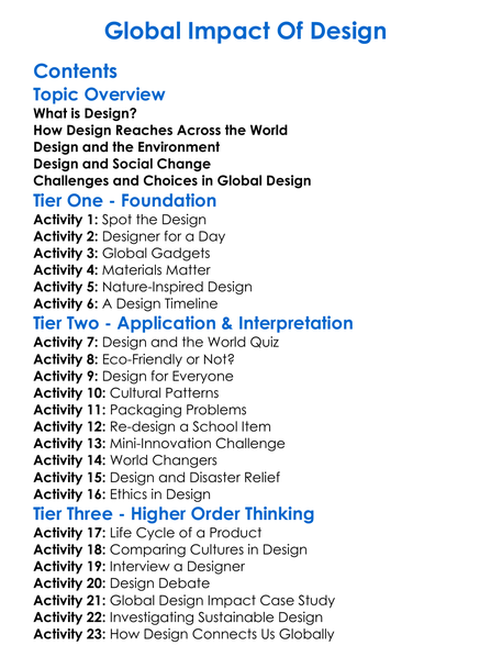 Global Impact Of Design Worksheet Activity Booklet