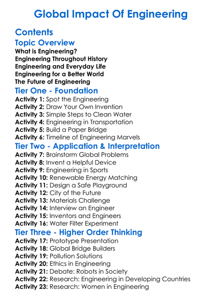 Global Impact Of Engineering Worksheet Activity Booklet