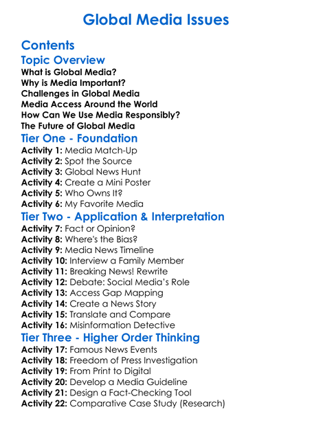 Global Media Issues Worksheet Activity Booklet