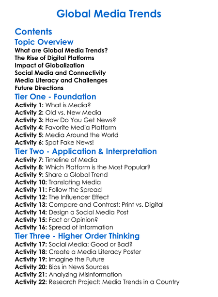 Global Media Trends Worksheet Activity Booklet