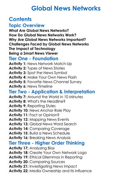 Global News Networks Worksheet Activity Booklet