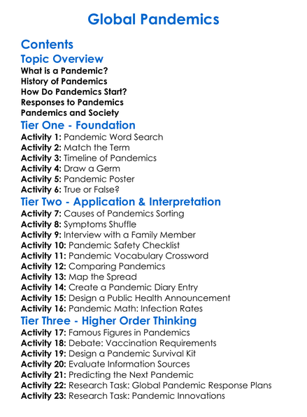 Global Pandemics Worksheet Activity Booklet