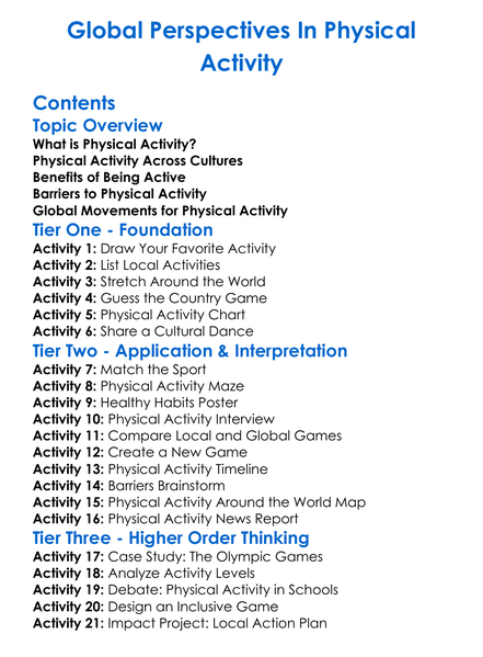 Global Perspectives In Physical Activity Worksheet Activity Booklet