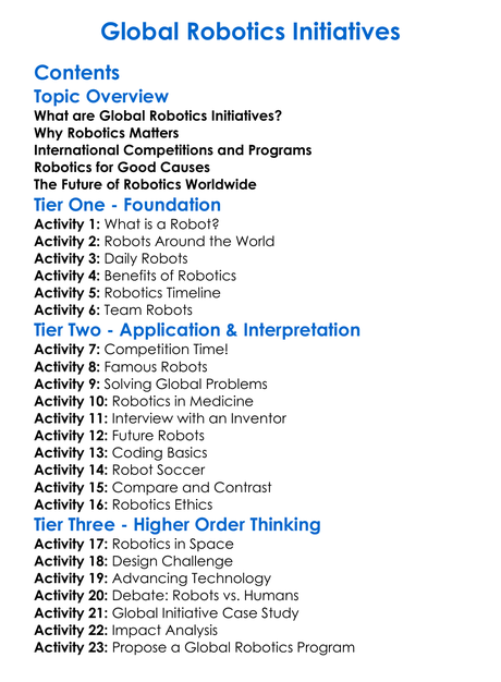Global Robotics Initiatives Worksheet Activity Booklet