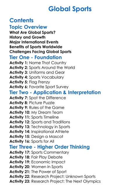 Global Sports Worksheet Activity Booklet