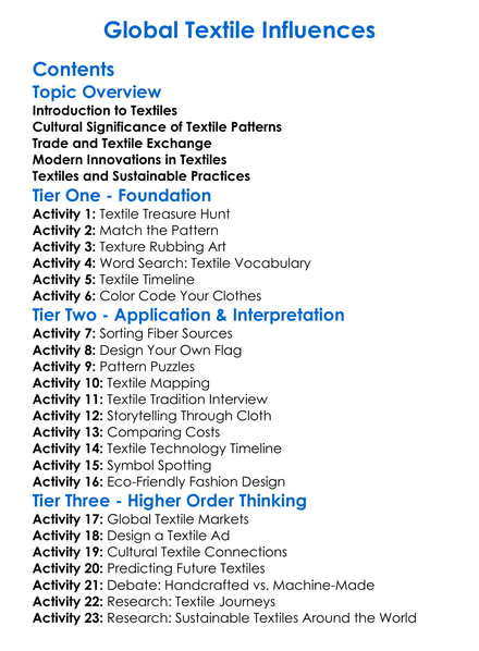 Global Textile Influences Worksheet Activity Booklet
