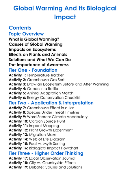 Global Warming And Its Biological Impact Worksheet Activity Booklet